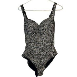 Niptuck Gold Tan Navy Blue Sweetheart Neck Swimsuit Size 8 EUC #1324-AZ